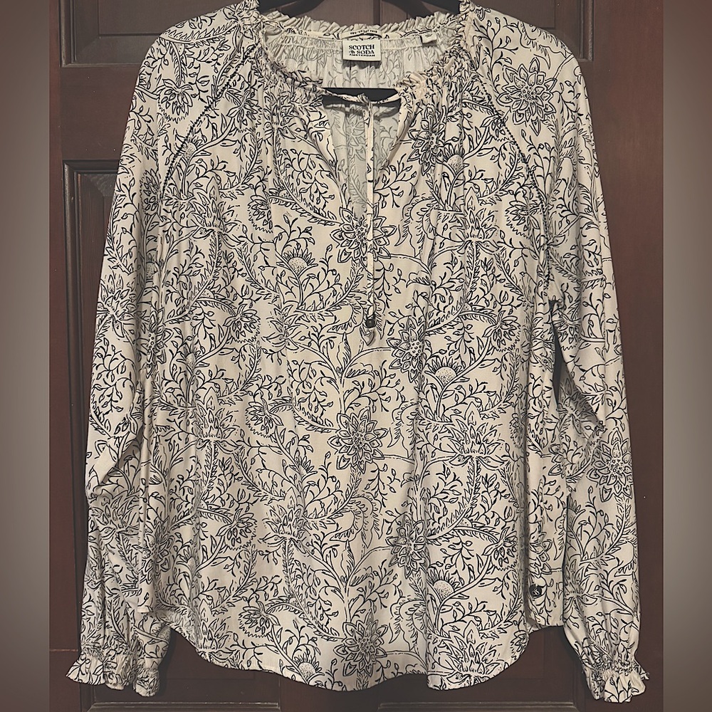 SCOTCH & SODA ladies Cream & Black Floral Print Poet’s Blouse SIZE LARGE